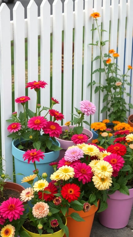 Colorful zinnias in pots against a white picket fence