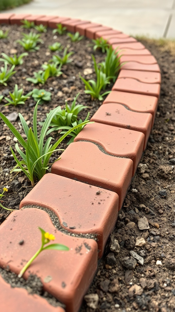 Curved brick garden edging with green plants growing inside.