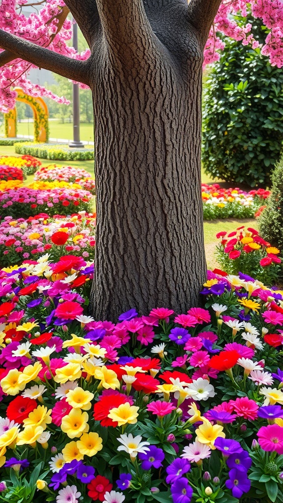 Colorful flower bed around a tree base with vibrant flowers in various colors.