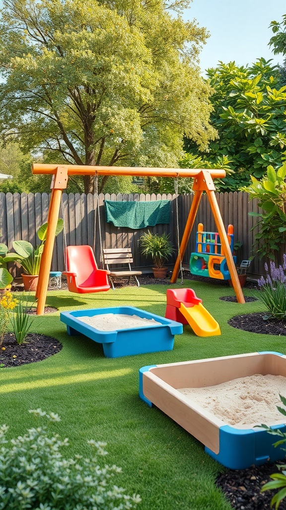 A colorful backyard play area featuring a swing set, slides, and sandboxes surrounded by greenery.
