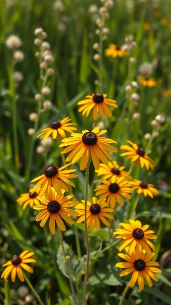 A cluster of Black-eyed Susans with bright yellow petals and dark centers, surrounded by green grass.