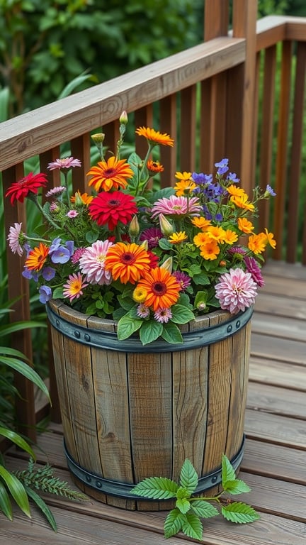 A rustic wooden planter filled with colorful flowers, placed on a wooden deck.