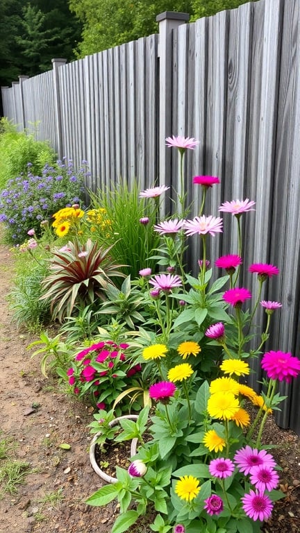 Colorful mixed perennial border with flowers in front of a wooden fence.
