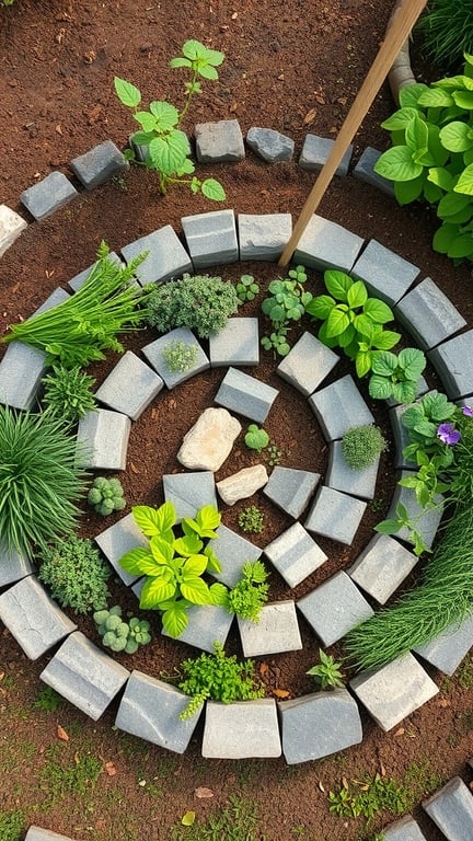 A top view of a spiral herb garden made with stones and various herbs planted inside.