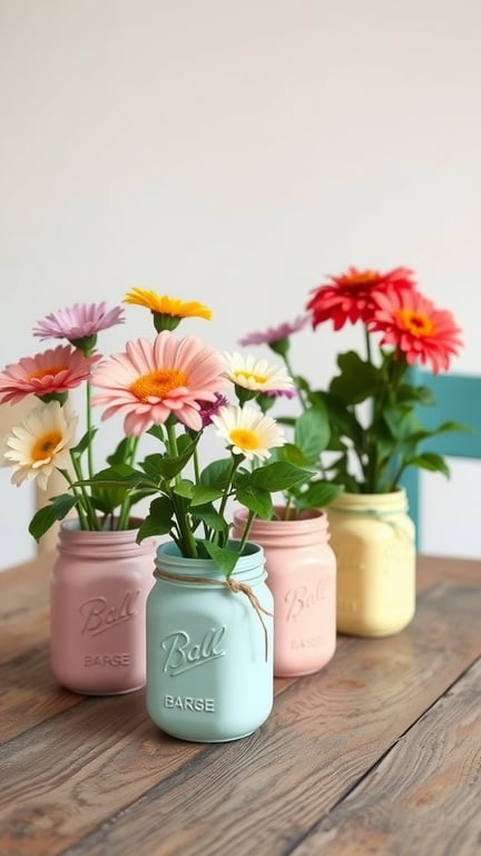 Colorful painted mason jars with flowers