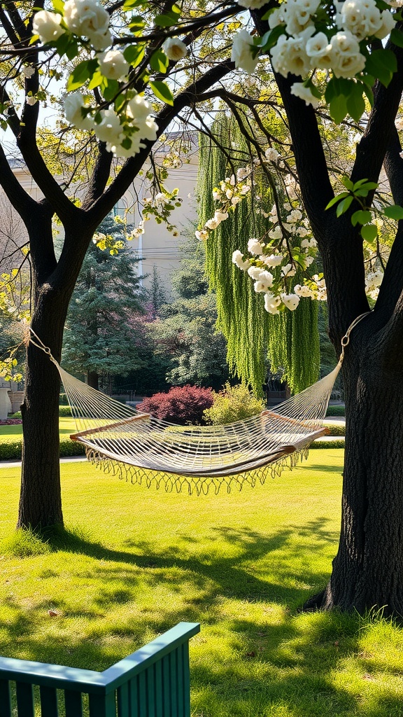 A hammock hanging between two trees with flowers, surrounded by green grass and plants.