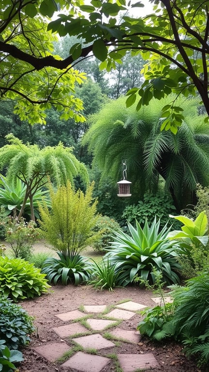 A lush shade garden featuring various plants and a stone path, with a bird feeder hanging from a tree.