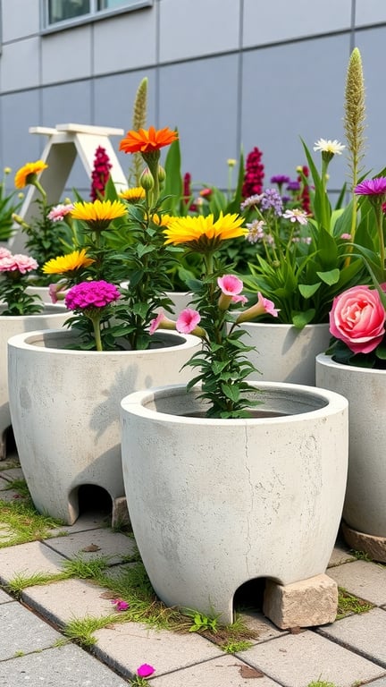 Several concrete planters filled with colorful flowers, showcasing their drainage features.