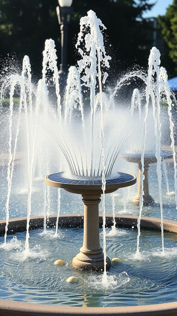 A solar water fountain with multiple streams of water shooting up, surrounded by a circular basin.