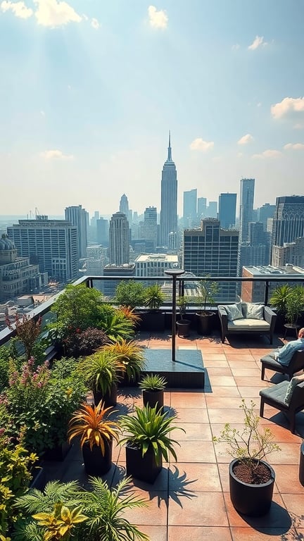 A rooftop garden with various plants and a view of a city skyline.