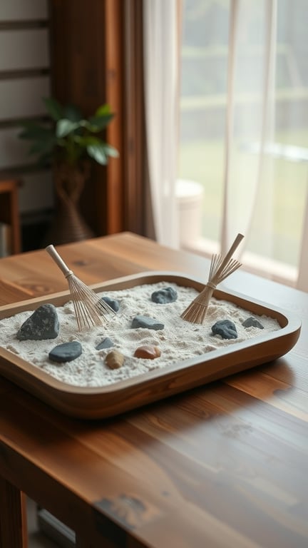 A tiny Zen garden with sand, stones, and rakes on a wooden table.