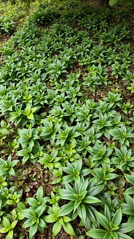 A lush ground cover of green plants in a shaded garden area.