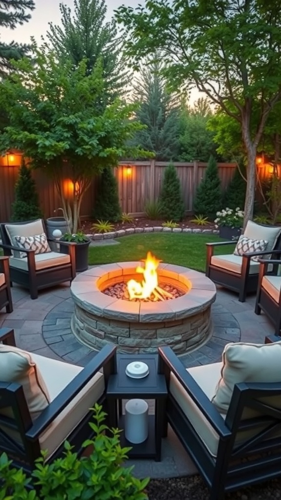 A cozy fire pit area with seating and greenery, perfect for gatherings.