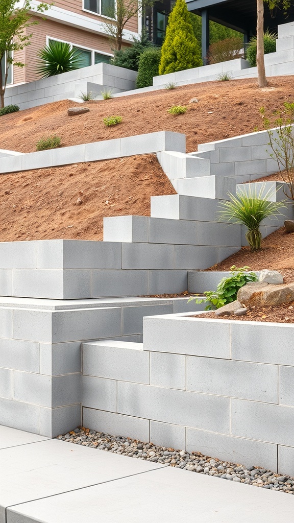 A concrete block retaining wall on a slope, showcasing a tiered design with plants and landscaping.