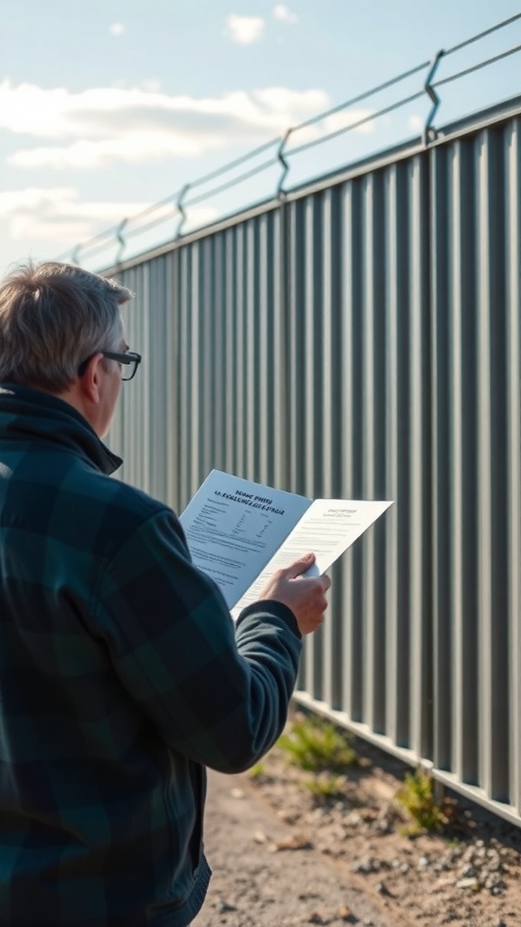 A person reading documents in front of a corrugated metal fence.