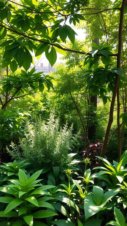 A lush green shade garden filled with various plants, showcasing different shades of green and textures.