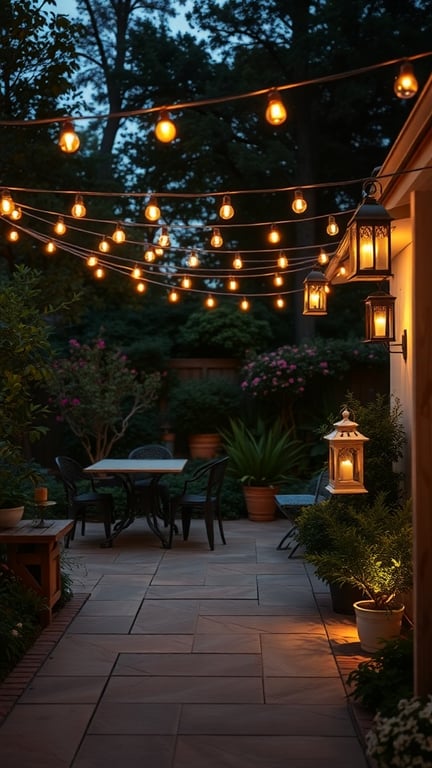 A cozy patio garden with string lights and lanterns illuminating the space.