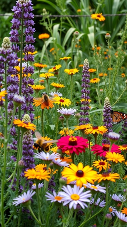 A colorful herb garden filled with flowers attracting pollinators like bees and butterflies.