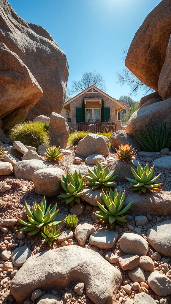 A rock garden featuring various succulents surrounded by large rocks and a house in the background.