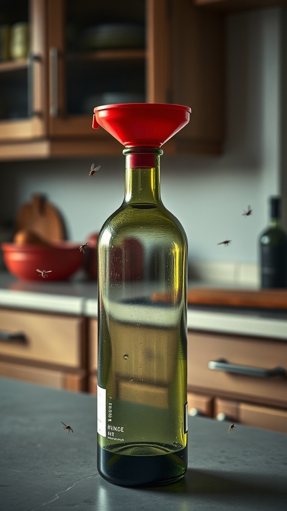 A wine bottle trap with a red funnel on top, designed to catch fruit flies.