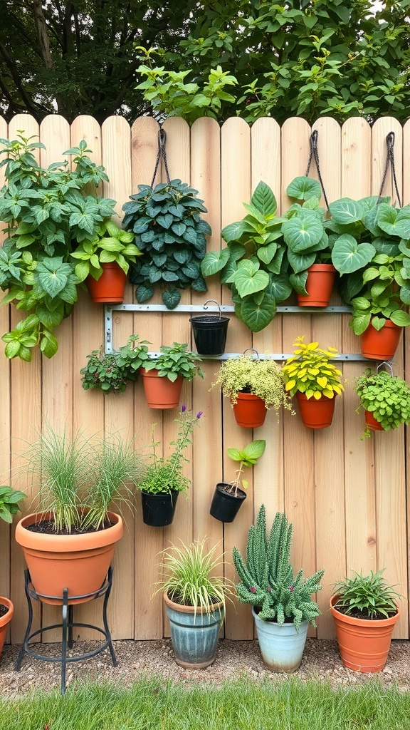 A vertical garden wall with various plants in pots hanging on a wooden fence.