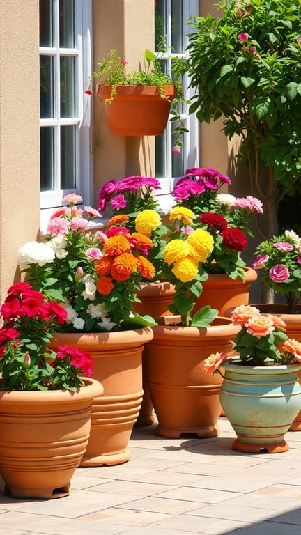 Colorful terracotta pots filled with vibrant flowers in a sunny outdoor setting.