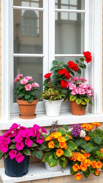 Colorful begonias in pots on a windowsill, featuring red, pink, orange, and purple flowers.