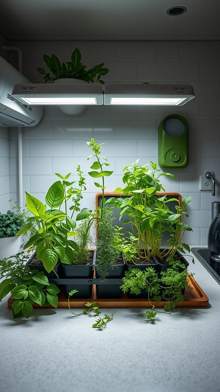 Indoor herb garden setup with various herbs under grow lights on a kitchen counter.