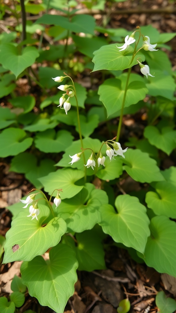 A close-up of Epimedium, also known as Barrenwort, featuring its delicate flowers and lush green leaves in a shaded environment.