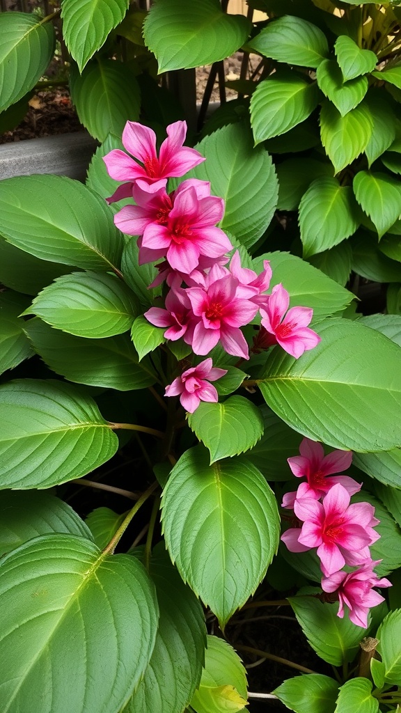 Bergenia plant with large green leaves and pink flowers