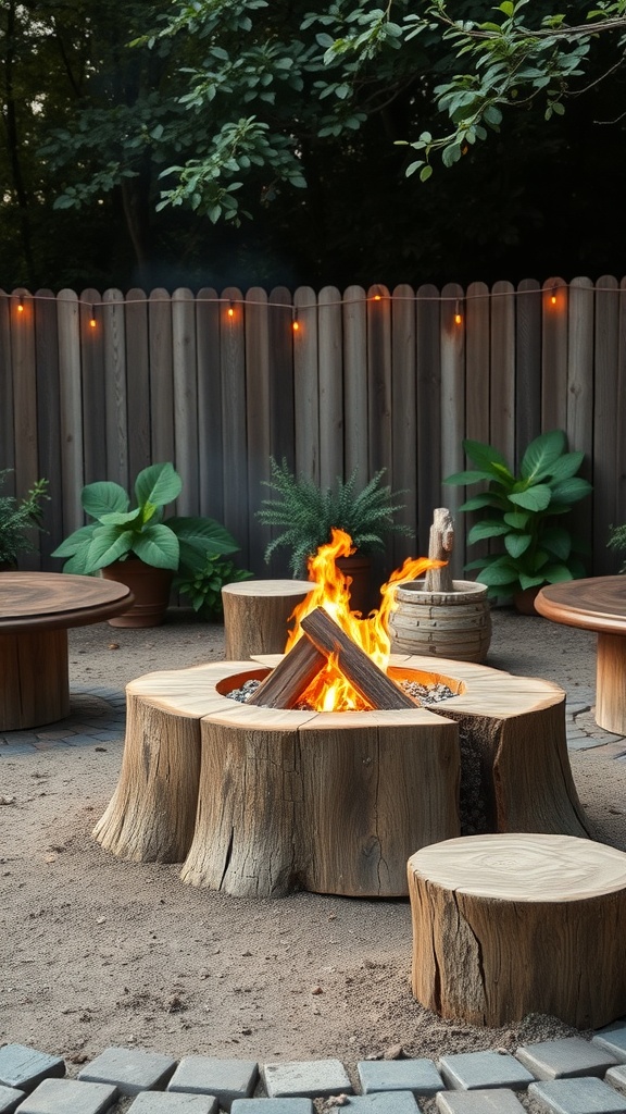 A cozy tree stump fire pit surrounded by seating and greenery.