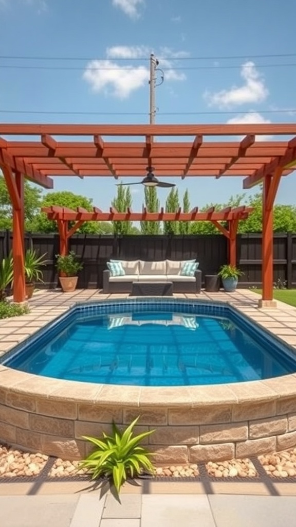 A covered pergola providing shade over a poolside seating area with a blue pool and green plants.