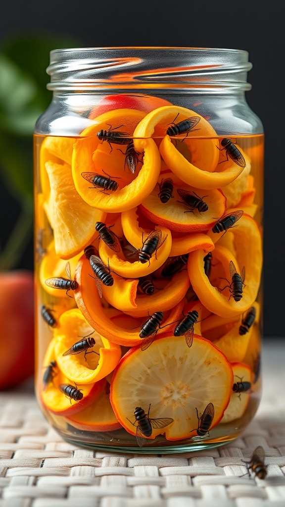 A jar filled with vegetable peels and fruit flies, showcasing a DIY trap for pest control.