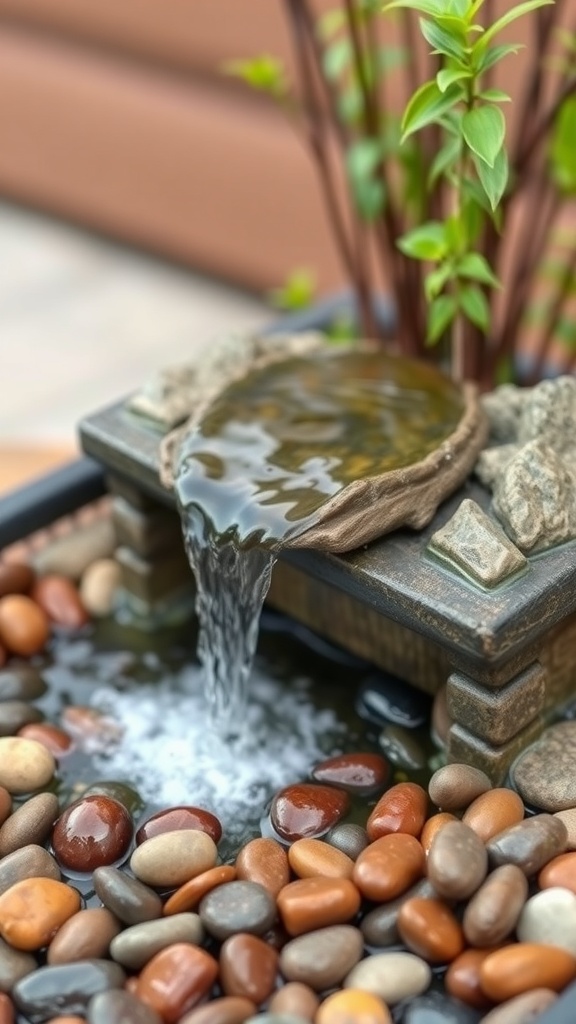 A small tabletop water fountain with flowing water and decorative pebbles.