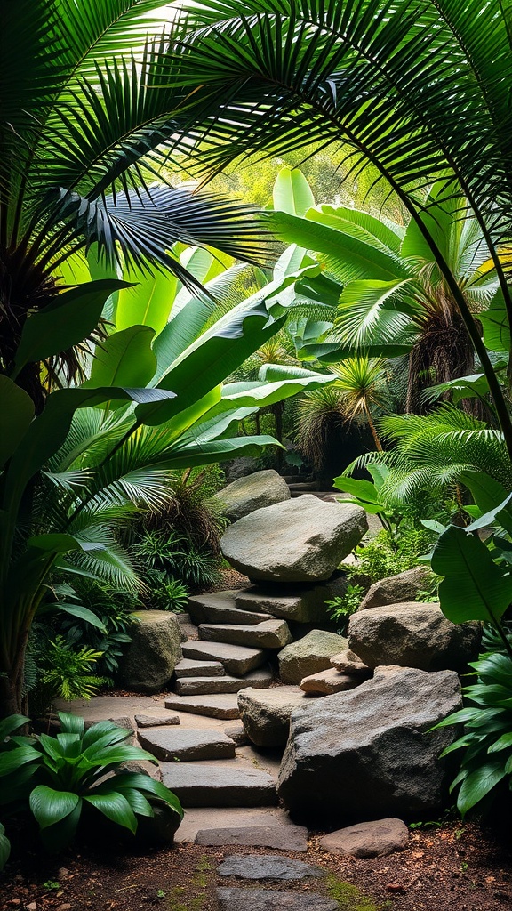 A tropical landscape featuring large rocks and lush green plants along a pathway.