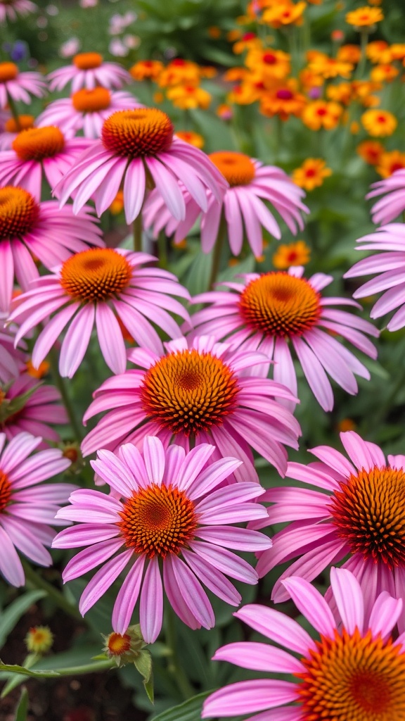 A vibrant display of pink Echinacea flowers with orange centers, surrounded by colorful blooms.