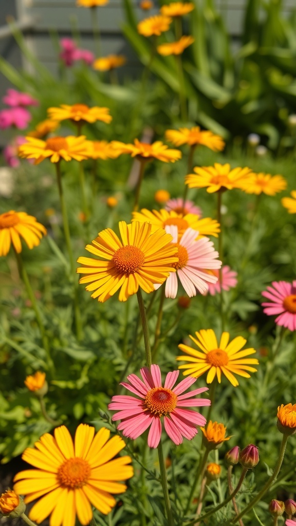 A vibrant display of Coreopsis flowers in yellow and pink, showcasing their cheerful blooms in a garden setting.