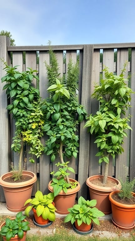 A wooden fence with various potted herbs and plants creating a privacy screen.
