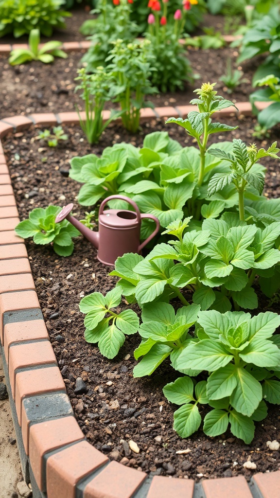 A vegetable garden with a brick border, featuring green plants and a watering can.
