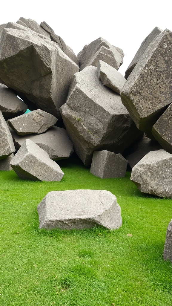 A natural play area featuring large rocks and a ladder, surrounded by grass.