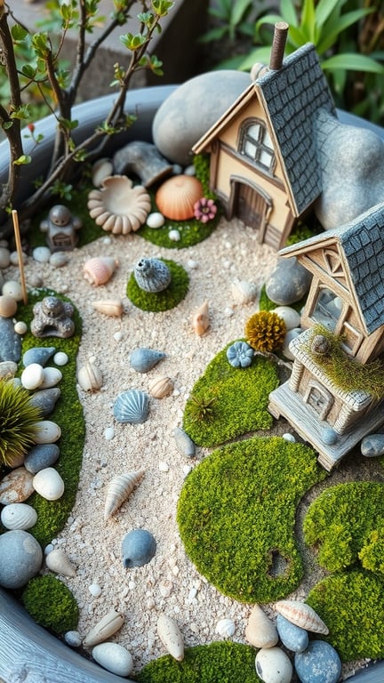 A miniature fairy garden with two small houses, pebbles, shells, and lush greenery.