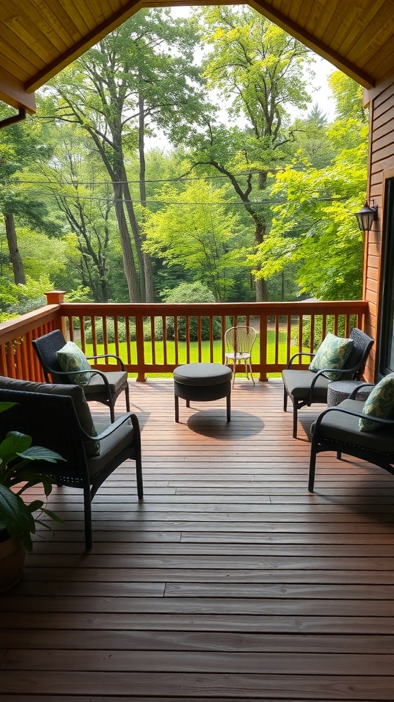 A rustic wooden deck with comfortable seating and a view of lush greenery.