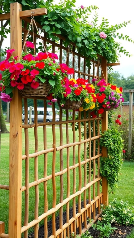 Wooden trellis with vibrant hanging flower baskets