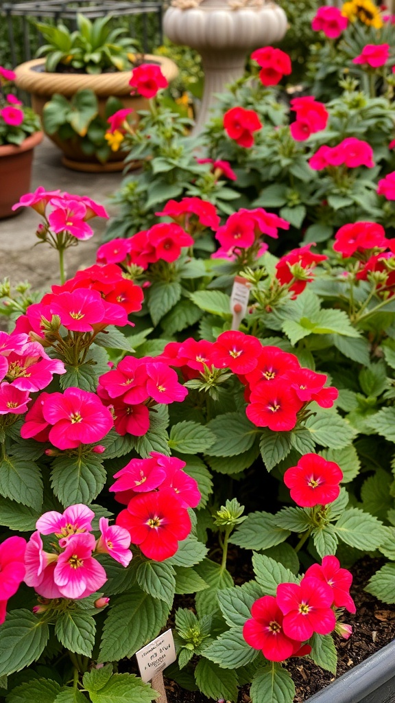 Vibrant pink and red geranium flowers in a garden setting.