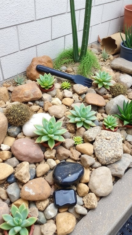 A rock garden featuring various succulents among smooth stones, with a black fork and a cactus in the background.