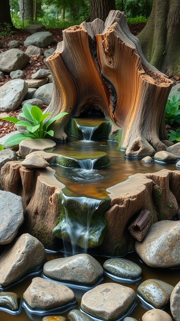 A tree stump water feature with cascading water surrounded by stones and plants.