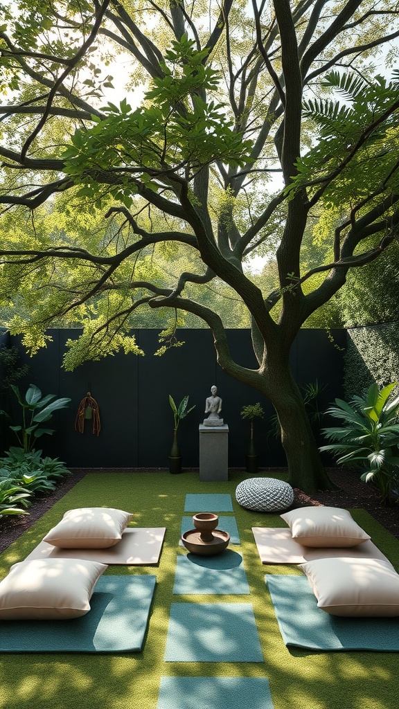 A tranquil meditation space under a large tree with a statue and decorative pots.