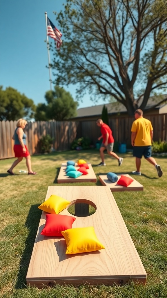 People playing cornhole in a backyard with colorful bags and a flag in the background.