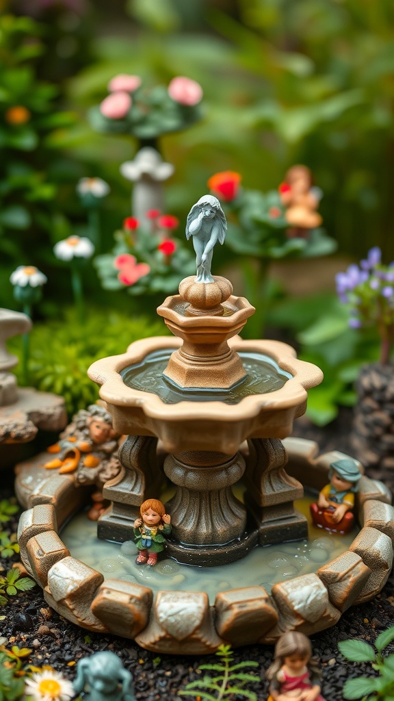 A miniature fairy garden fountain surrounded by colorful flowers and tiny figurines.