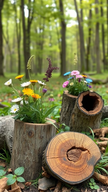 Hollowed logs filled with colorful flowers in a forest setting